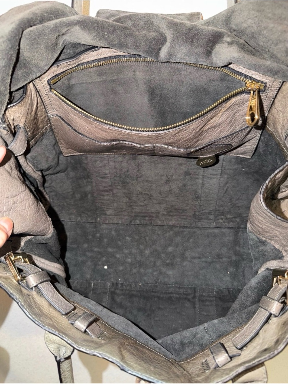 Mulberry grey Ostrich-Textured Satchel with Gold Hardware - Picture 7 of 10